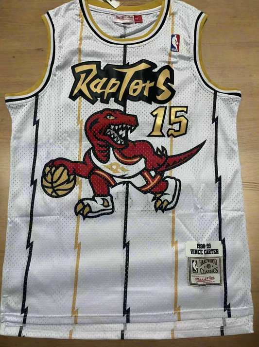 Basketball jersey with Raptors logo and number 15 on a white background